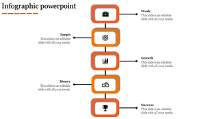 Infographic PPT slide with orange bordered rectangles illustrating work, target, growth, money, and success concepts.