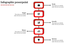Five-step vertical infographic in red with icons for work, target, growth, money, and success linked to text labels.