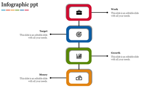 Business infographic with four colorful boxes showing icons for work, target, growth, and money, connected vertically.