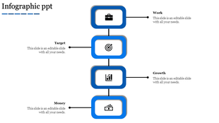 Vertical infographic PPT slide with four blue boxes linked by a central line, displaying icons and captions.