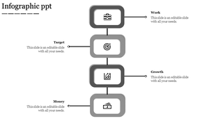 Gray infographic with four stacked rounded rectangles, black icons, and descriptive text connected by thin black lines.