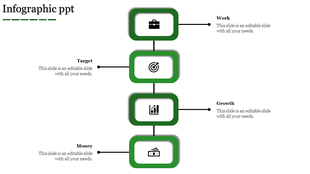 Infographic with green rounded boxes displaying icons for work, target, growth, and money with connecting lines.