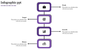 Slide featuring four purple rounded rectangles, with icons and text, connected by lines in a vertical format.