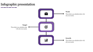 Infographic PPT slide with three purple rectangles connected vertically, labeled Work, Target, and Growth with text area.
