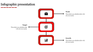 Minimalist design with three red boxes containing icons, aligned vertically and connected by a thin black line.