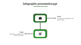 Minimalist infographic with green rounded boxes displaying briefcase and target icons connected by black lines.