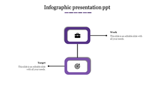 Infographic slide with two purple bordered boxes, with icons for work and target, connected by lines and captions.