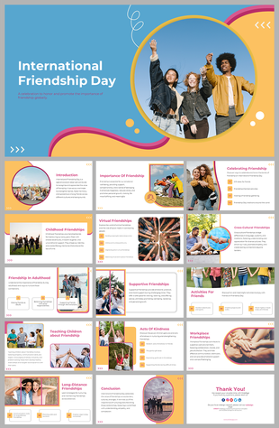 A pack of International friendship day slides with colorful design elements and group of friends pic with text descriptions.