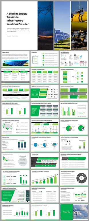 Green themed slide deck focused on energy transition, infrastructure solutions, sustainability, and financial performance.