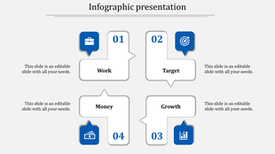 Four step infographic with blue icons and white boxes linked by directional arrows for work, target, money, and growth.