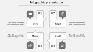 Infographic PPT slide with four sections Work, Target, Money, and Growth, represented by gray icons and numbered blocks.