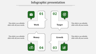 Infographic with four white arrow shaped boxes numbered 01 to 04 and paired with green icons, arranged in a grid layout.