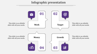 Infographic PowerPoint slide with four sections Work, Target, Money, and Growth, represented by icons and numbered blocks.