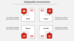 Four step infographic with numbered white boxes and red icons for business elements, aligned in two rows.