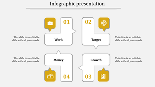 Four step infographic with yellow icons and white boxes linked by directional arrows for work, target, money, and growth.