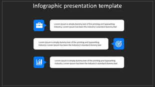 Infographic with three blue icons and white text boxes arranged alternately on a black background.