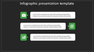 Infographic slide with three green icons briefcase, target, and growth chart, paired with text boxes on a dark background.