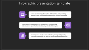 Three step infographic featuring purple icons connected to white text boxes on a dark background.