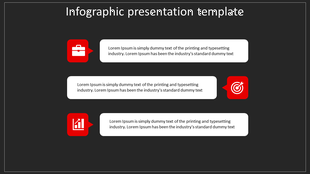 Infographic slide with three red icons briefcase, target, and growth chart, paired with text boxes on a dark background.