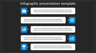 Infographic slide with 5 blue icons briefcase, target, growth chart, trophy, and documents, with captions and text boxes.