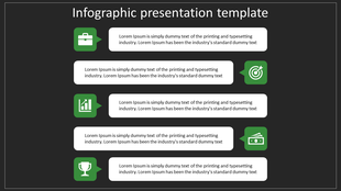 Vertical infographic template with green icons and white rectangular text boxes on a dark gray background.