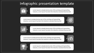 Five step infographic with gray icons and white text bubbles, arranged vertically on a black background.