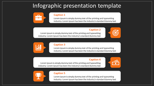 Infographic slide with 5 orange icons briefcase, target, growth chart, trophy, and documents, with captions and text boxes.