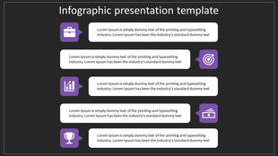 Infographic design with five alternating purple icons and white text blocks, displayed vertically on a black background.