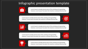 Vertical infographic template with red icons and white rectangular text boxes on a dark gray background.