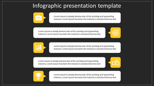 Infographic PPT slide with four yellow icons briefcase, target, growth chart, and trophy, paired with white text boxes.