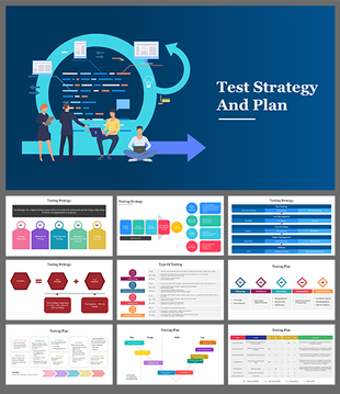 Collection of slides with blue arrow in cover and showing flowcharts, diagrams, and tables in various colors.