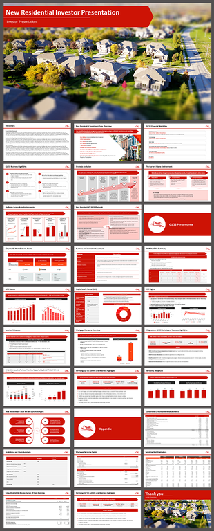 New residential investor presentation slides with charts and financial highlights on a red theme with different layout designs.
