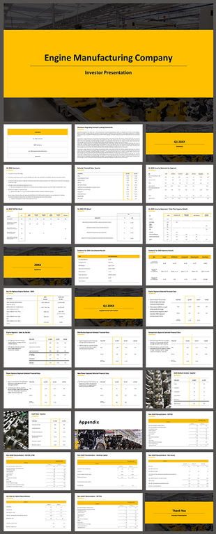 Engine manufacturing company investor with slides detailing financial summaries, data tables, and production images.