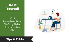 Woman sitting at a desk with a laptop, learning how to copy PPT slides from another file in 2019 on a split colored theme.
