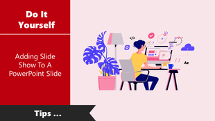PowerPoint tutorial cover slide with flat style illustration of a worker at a computer and instructional text on slide shows.