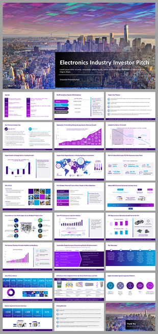 Electronics industry pitch deck slides with financial highlights, regional growth, competitive analysis, and investor return.