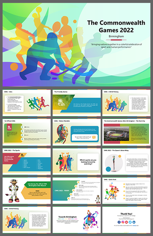 Pack of commonwealth games 2022 slides in Birmingham features colorful graphics of athletes participating in various sports.