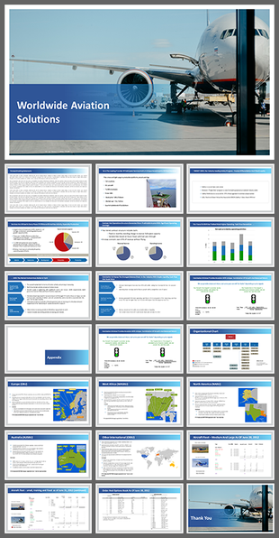 Worldwide aviation solutions slide deck featuring an airplane image and detailed images.