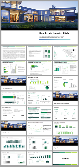 Real Estate Investor Pitch deck slides with property visuals and financial charts.