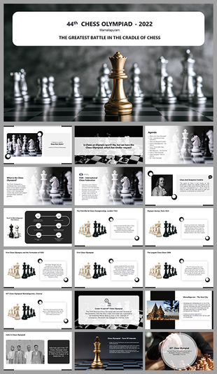 Chess Olympiad 2022 slides showcasing various chess related topics and black and white design elements.