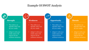 Horizontal SWOT analysis chart showing four editable blocks with titles, bullet points, and matching icons in circle labels.
