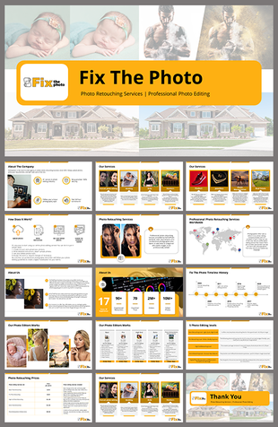 Slide deck for Fix The Photo, covering company info, services, process, and examples of photo editing work.