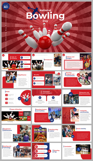 National bowling day with a slide deck image of pins and a ball, detailing strategies, tournament types, and facilities.