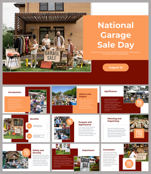 Orange and brown slide pack showcasing garage sales, including sections on safety, security, and the social impact.