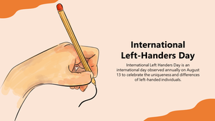 Illustration of a left hand holding a pencil, with text on the right and orange abstract shapes in the corners.