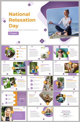 National Relaxation day slides with topics on stress relief, self care, and mindfulness practices.