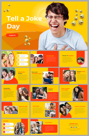 Slide deck for tell a joke day with images of people laughing and text sections, in bright yellow and red color scheme.