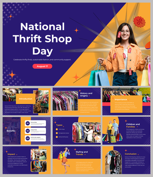 Purple and orange slide pack with images of thrift shopping, highlighting its importance, history, benefits, and trends.