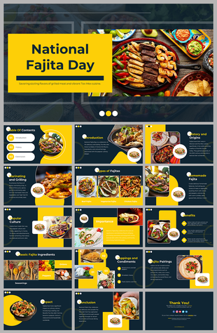 National Fajita day slides showcasing the history, types, ingredients, and benefits of fajitas, with vibrant food imagery.