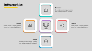 Slide with five square icons in orange, blue, purple, red, and green, in a cross layout, on a gray background.